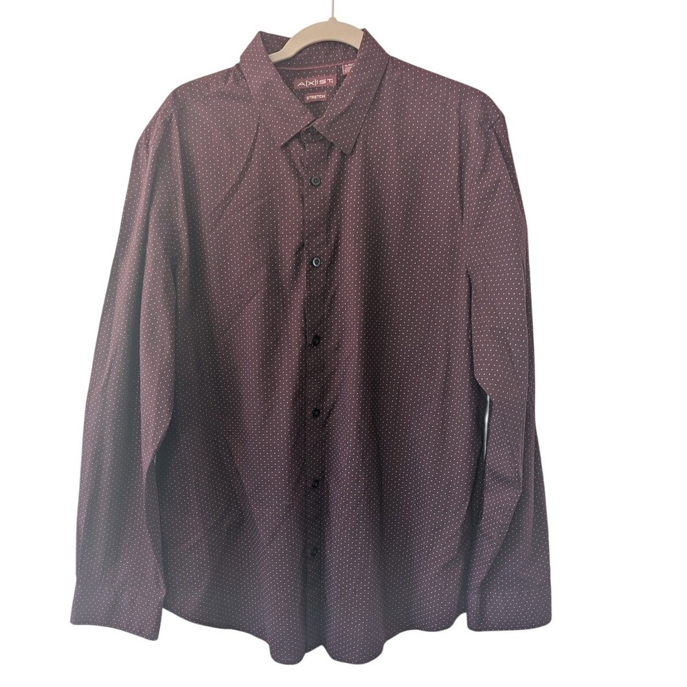 AXIST Stretch Men's Dress Shirt XL‎ Burgundy Dot Pattern Long Sleeve